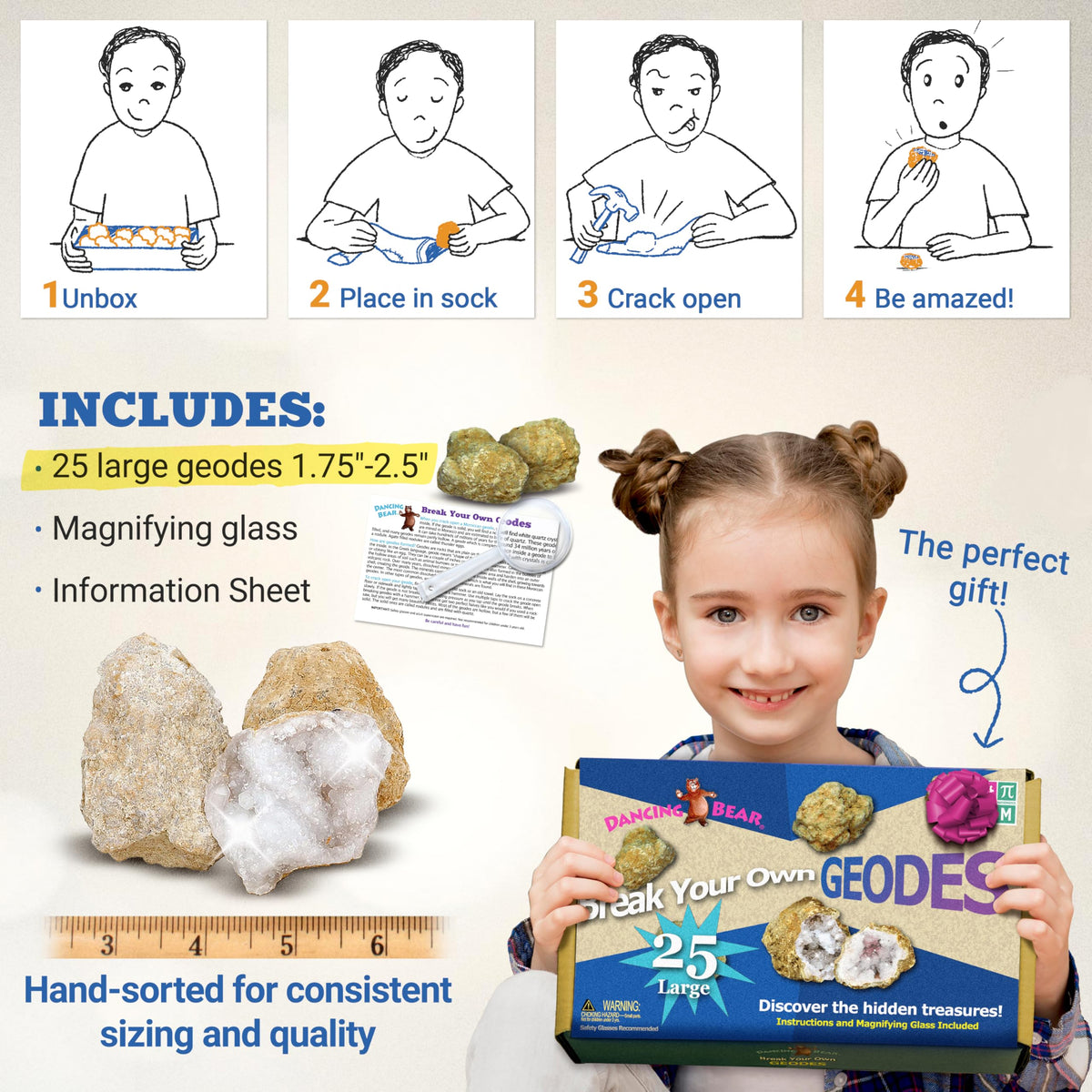 Dancing Bear geodes crystal discovery reveals interior crystals during play.