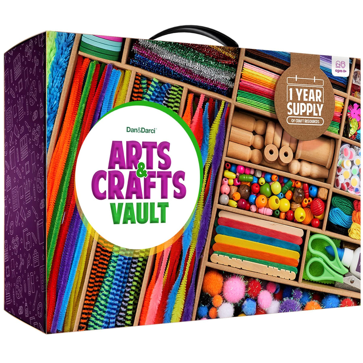 Dan&Darci Arts and Crafts Vault box open showing organized storage for kid-friendly projects