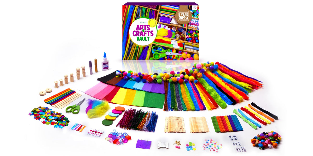 Dan&Darci Arts and Crafts Vault contents spread encouraging imaginative play with diverse supplies