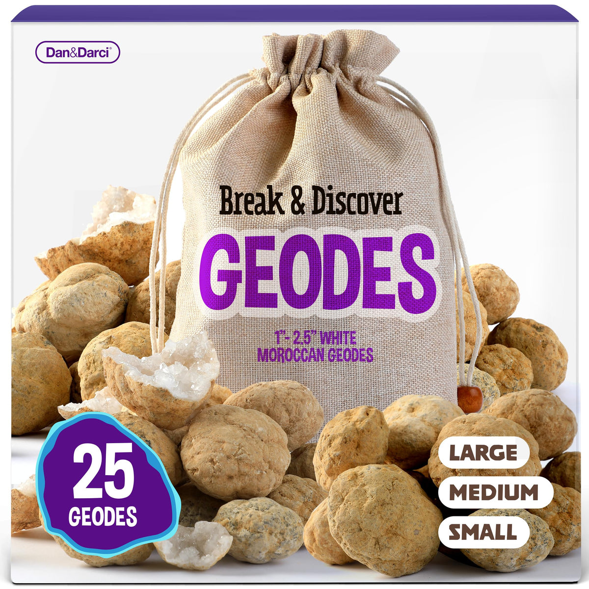 Dan&Darci Break Your Own Geodes collection shows hollow Moroccan white geodes with crystals.