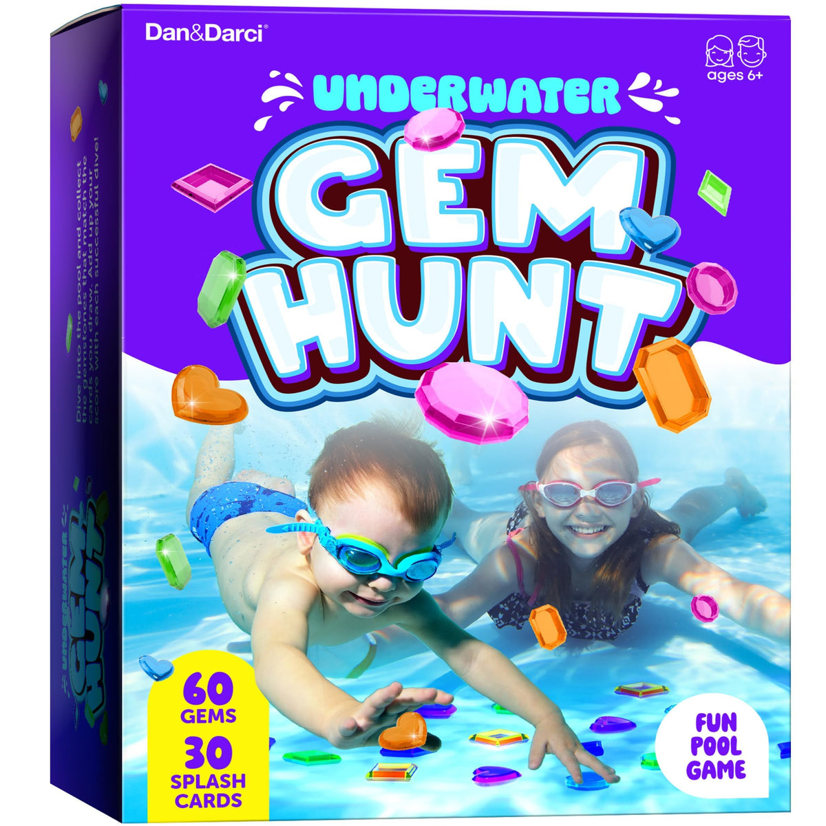 Dan&Darci underwater gem hunt in the pool with colorful gems ready for discovery.
