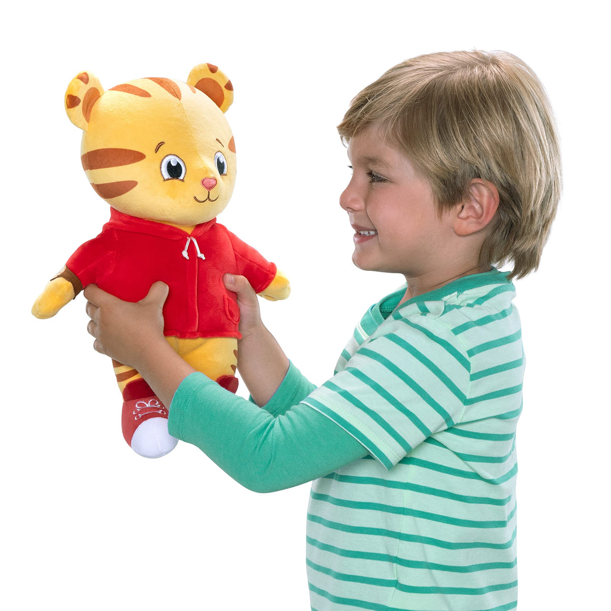 Close-up of Daniel Tiger's Neighborhood plush face with soft microfiber texture for cozy cuddles.