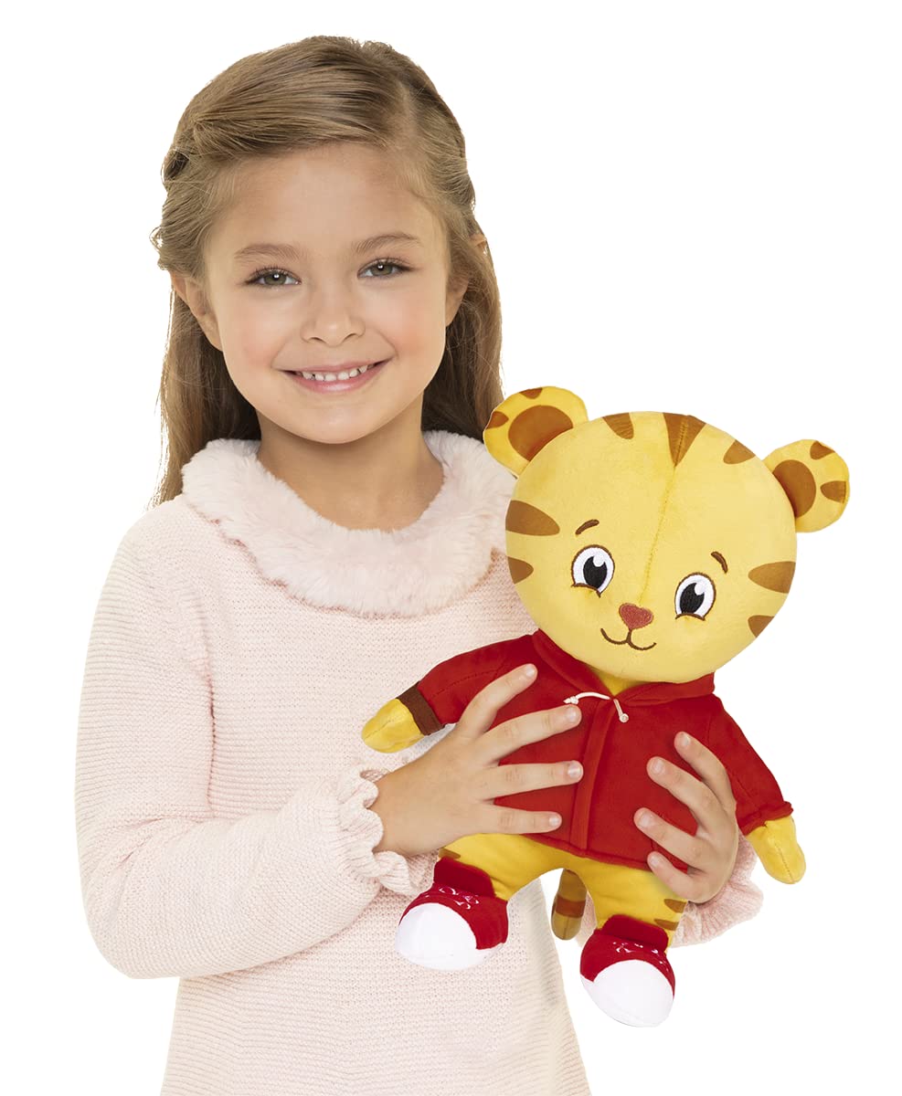 Full-body view of Daniel Tiger's Neighborhood plush wearing red hoodie and sneakers for playtime.