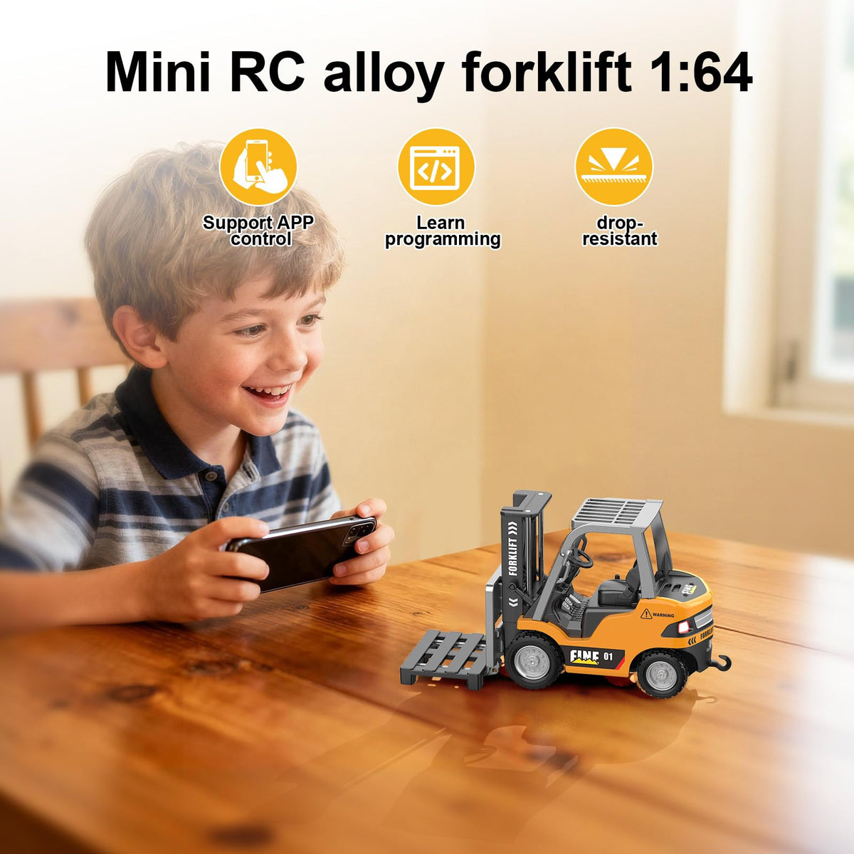 DAOGU RC forklift app control demonstrates smart play and coding-friendly features.
