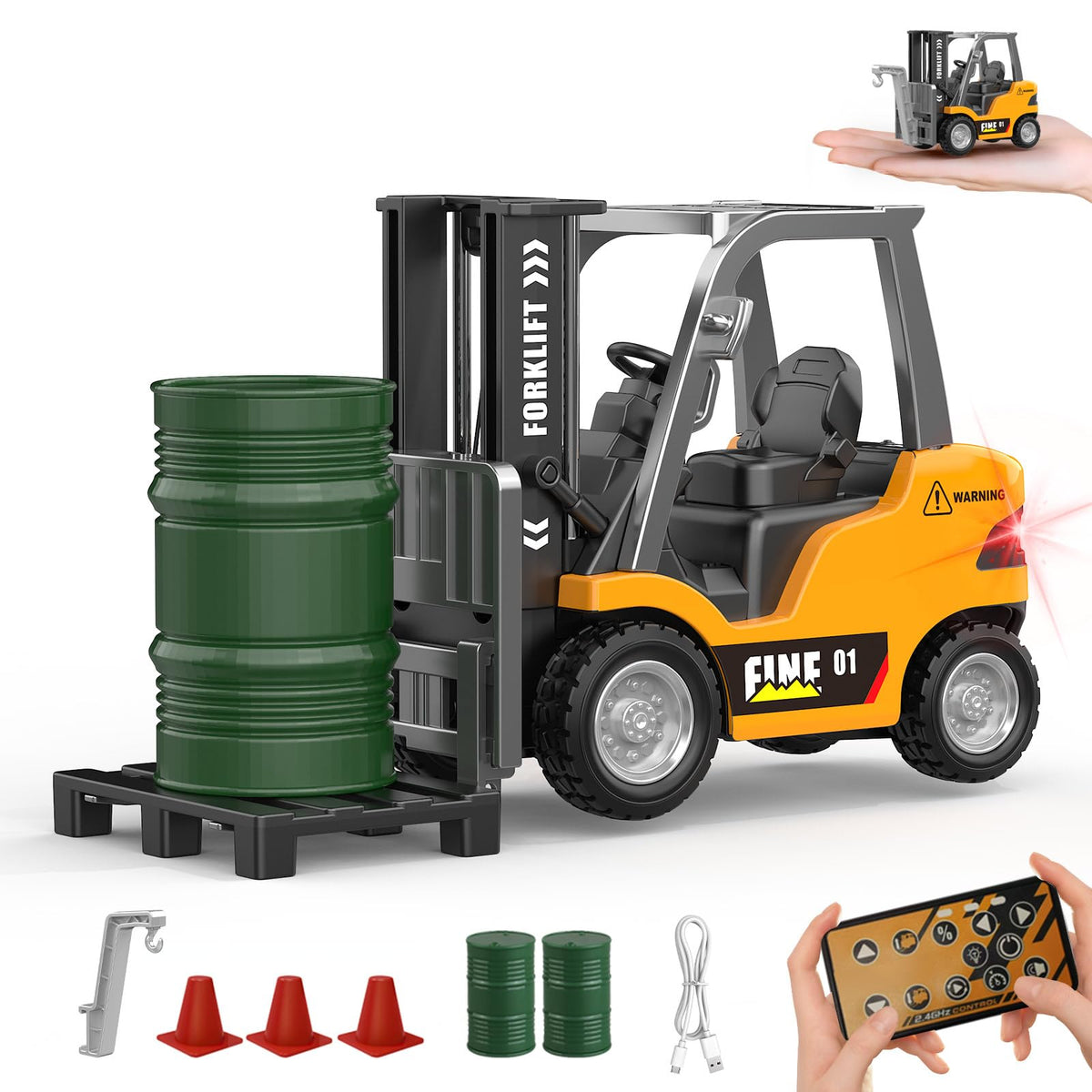 DAOGU mini RC forklift toy shows a sturdy metal frame for desk play.