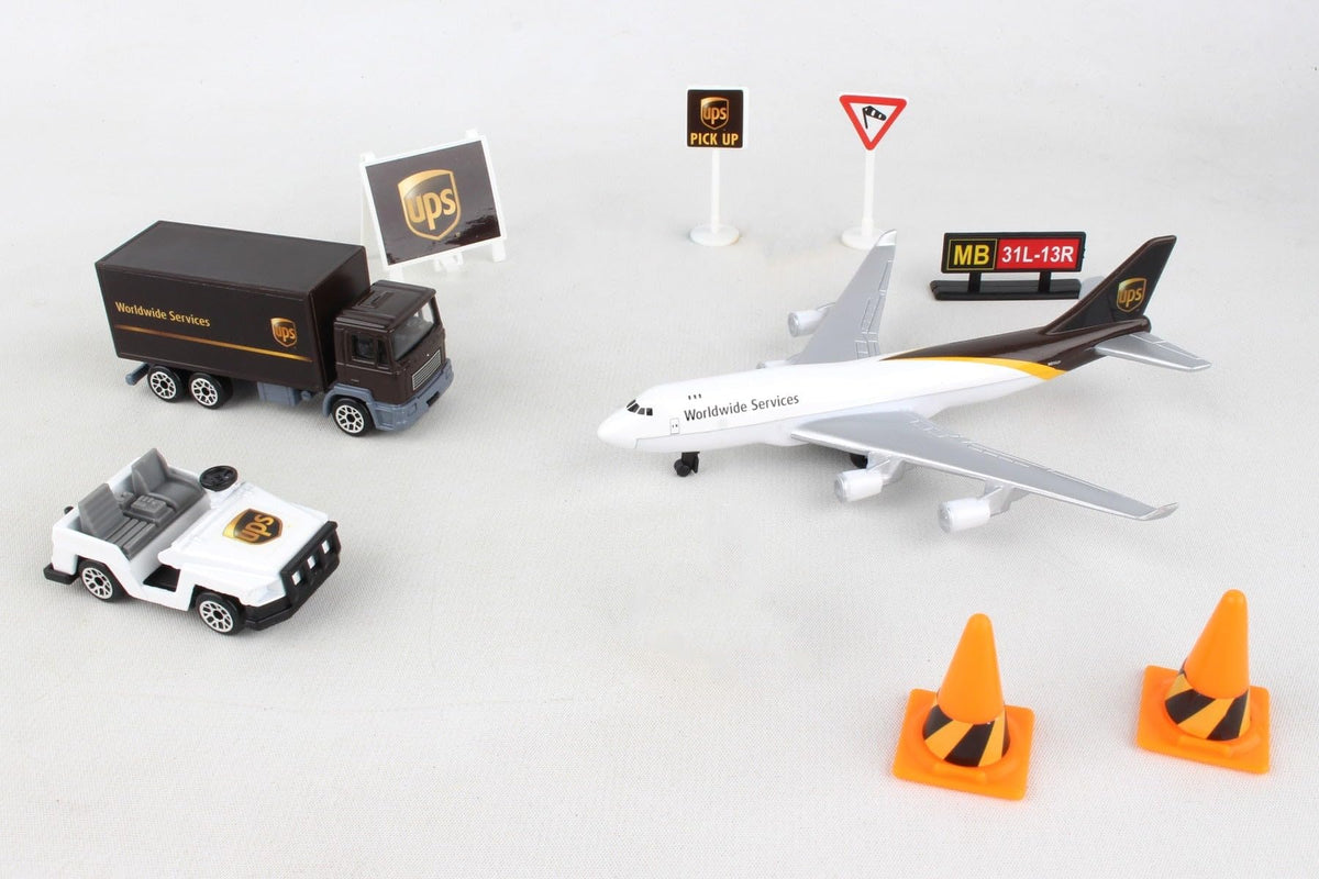 Daron UPS Airport Playset vehicles promote storytelling and role-play scenarios.