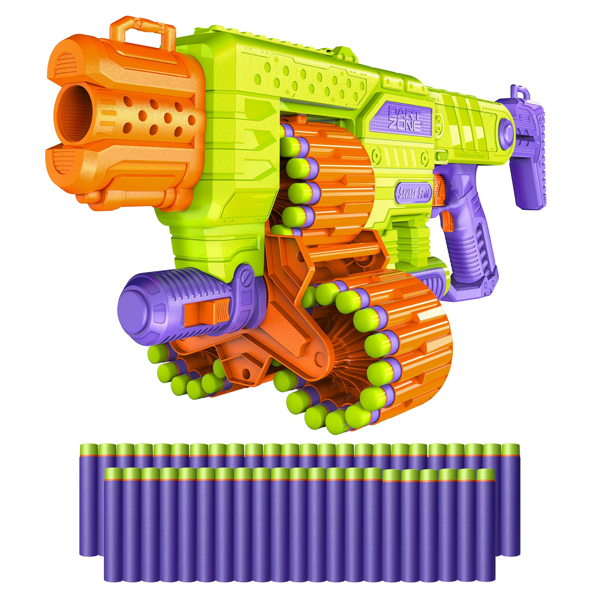 DART ZONE Savage Spin triple-drum close-up showing motorized firing action.
