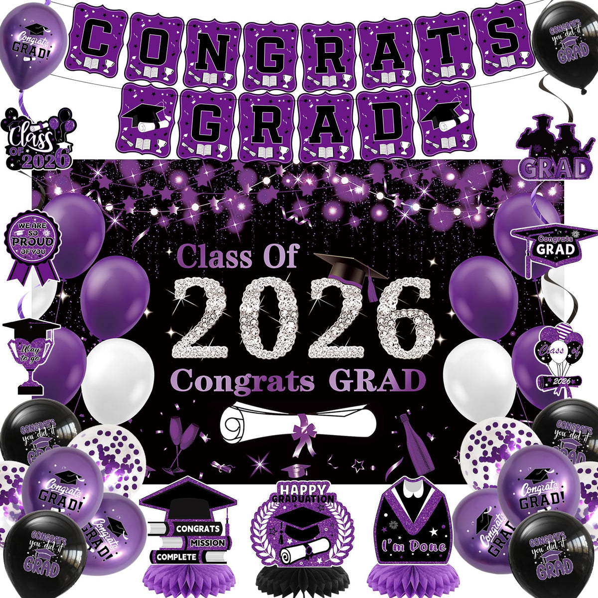 DARUNAXY Class of 2026 banner showcasing bold black and purple for a standout photo backdrop.