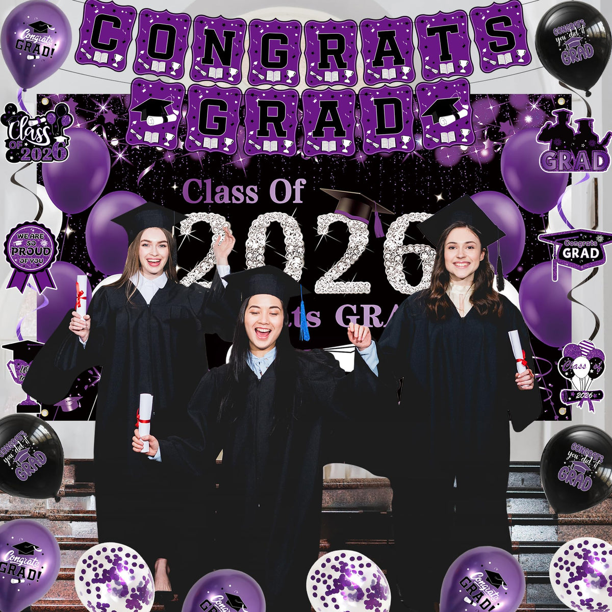 DARUNAXY Purple hanging swirls enhance the party vibe and movement.