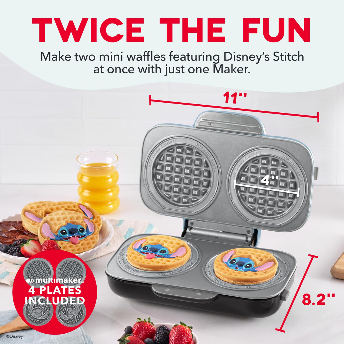 Dash Disney MultiMaker with interchangeable plates for classic and Stitch mini waffles.