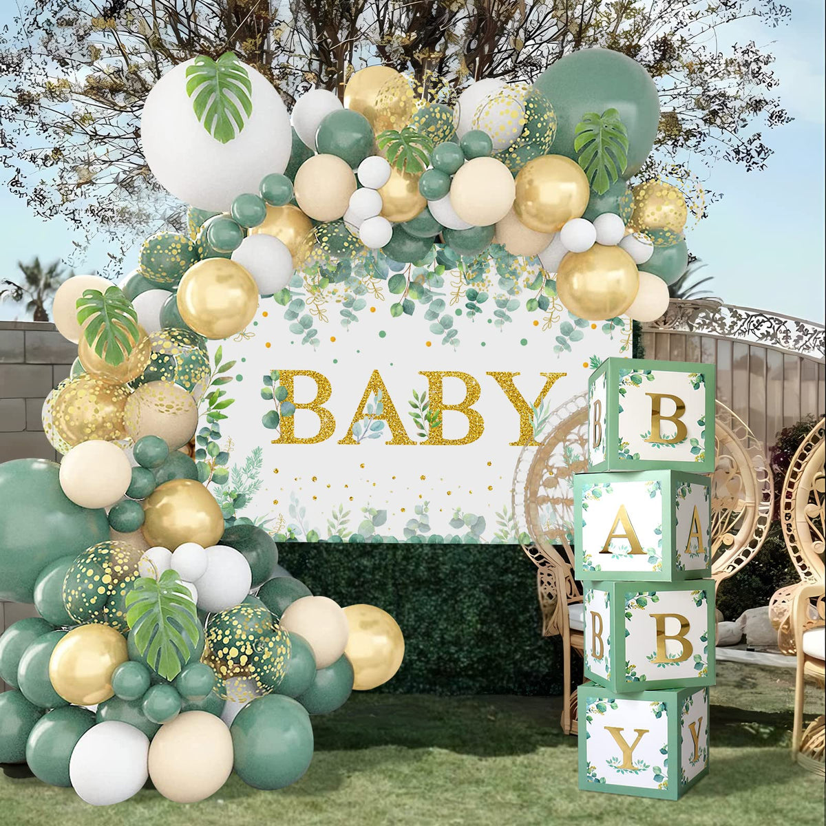 DataMoon sage green baby boxes shown with decorative accents for favors