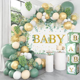 DataMoon sage green balloon arch kit displayed as a centerpiece for a rustic baby shower