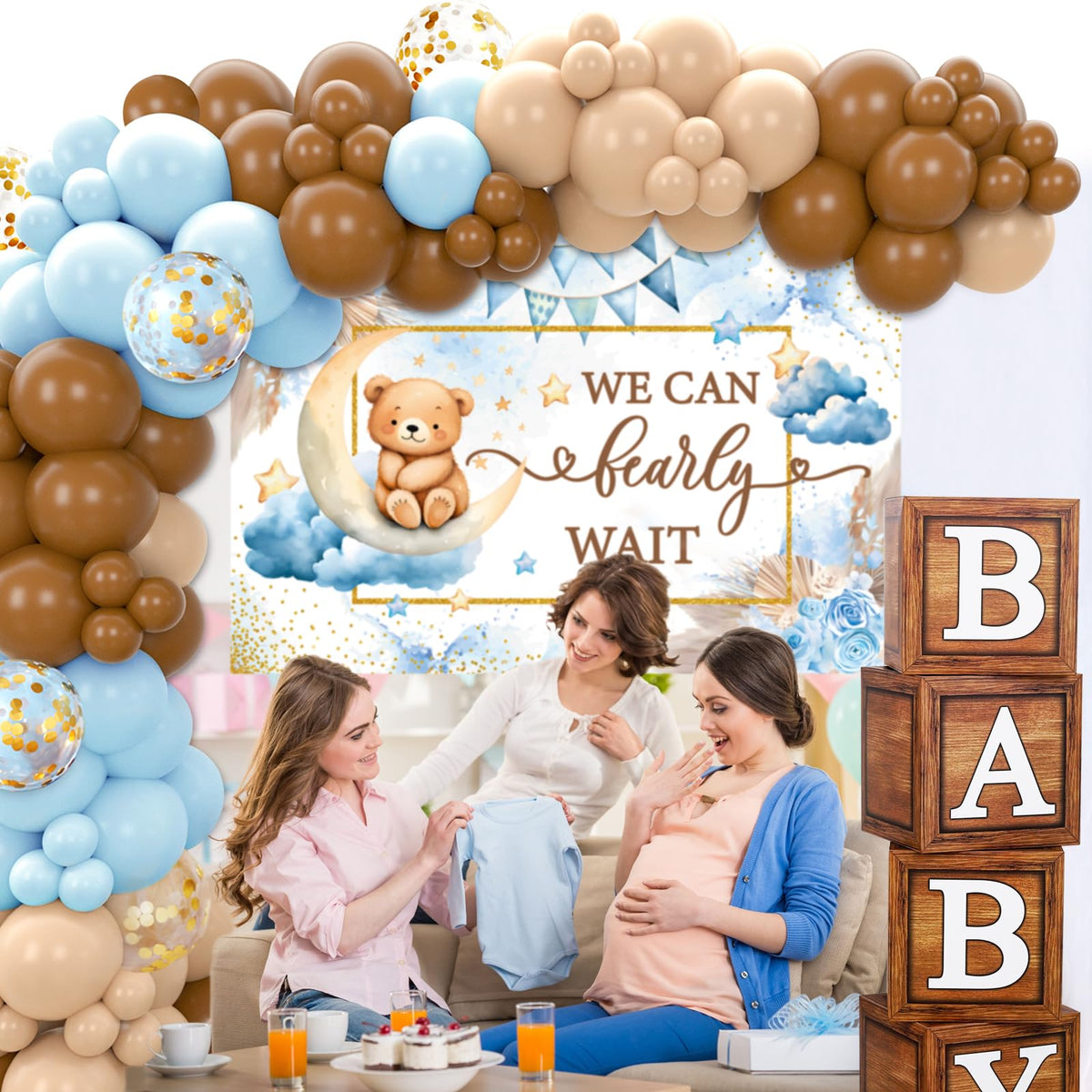 Datamoon We Can Bearly Wait balloon arch adds stylish blue and brown accents.