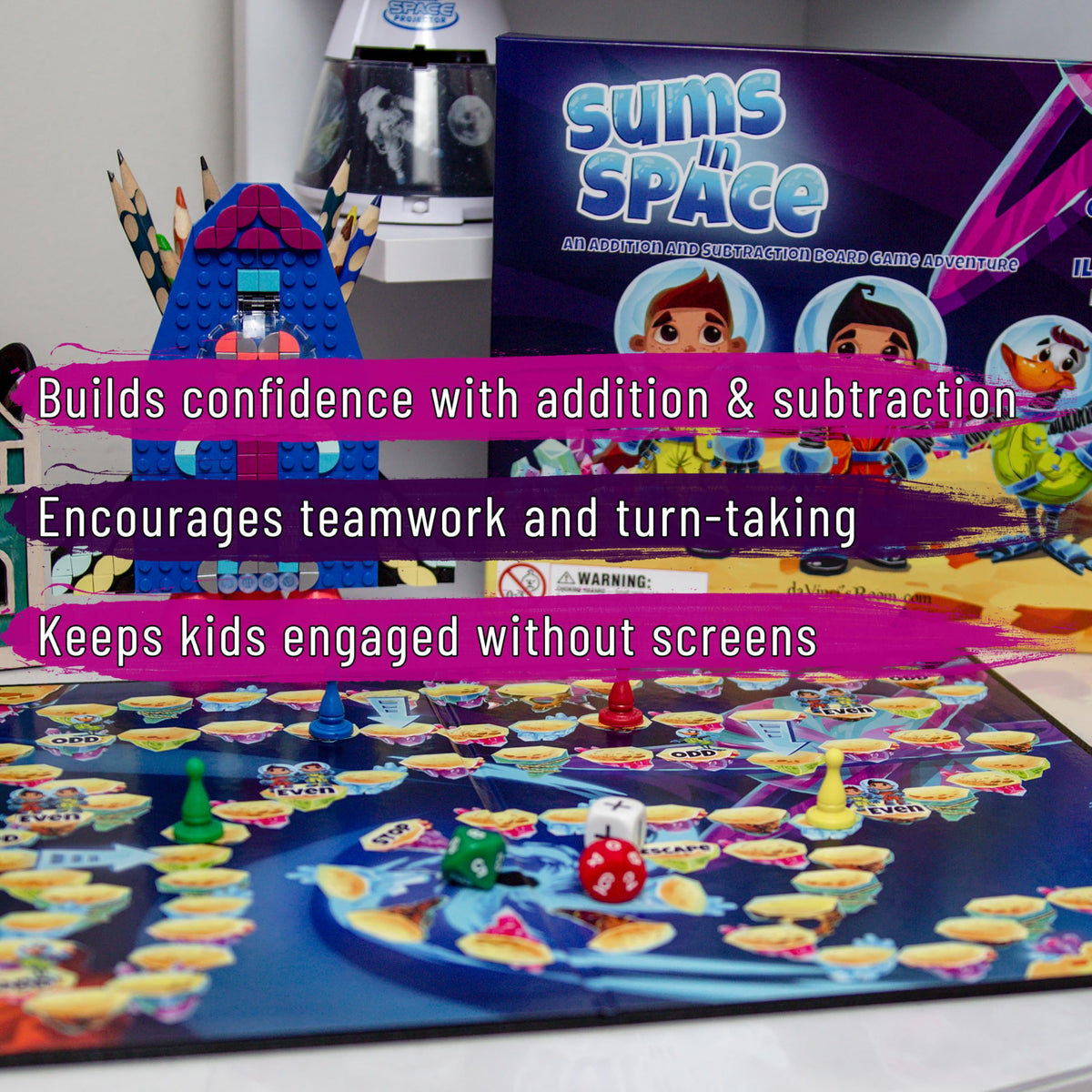 da Vinci's Room Sums in Space board invites space-themed math exploration during play