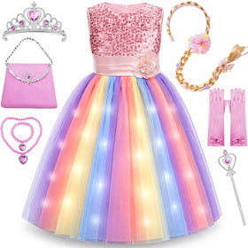 Davvew Little Girls Dress with LED light-up rainbow skirt for magical party moments.
