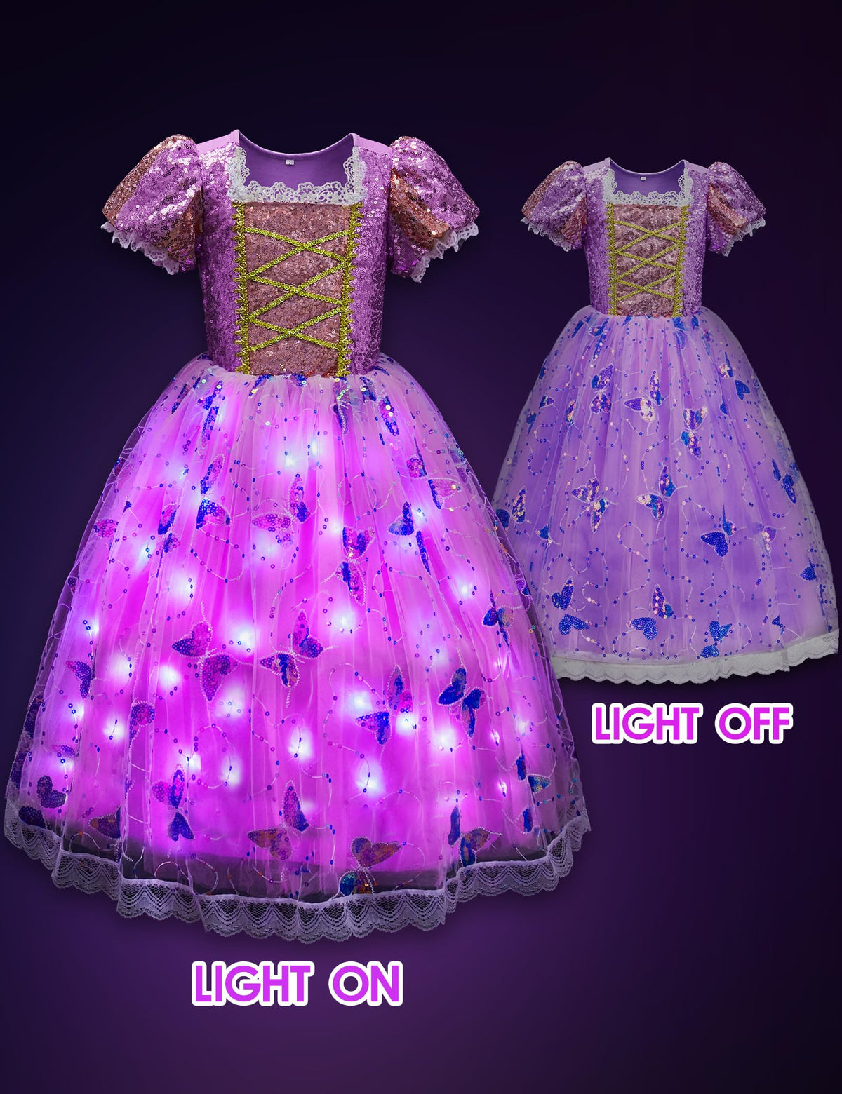 Davvew dress features beaded butterfly pattern for fairy-tale look.