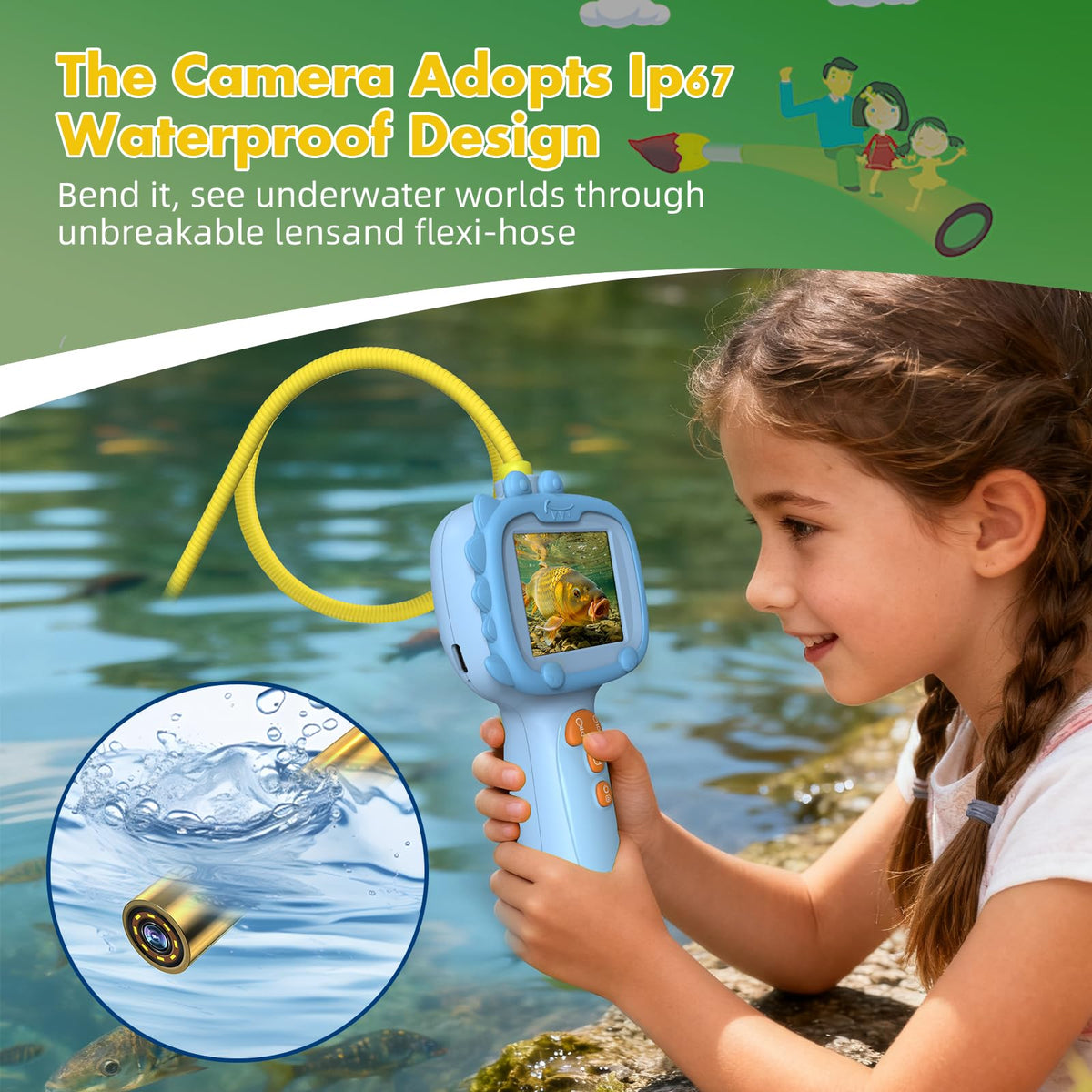 IP67 waterproof borescope design for safe aquatic exploration by children.