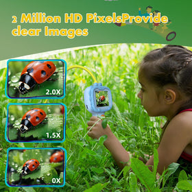 Kids using the Daxiongmao endoscope for outdoor nature discovery.