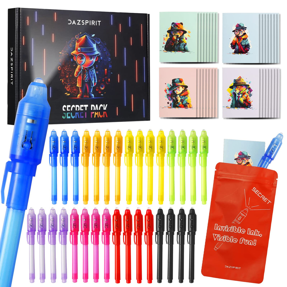 DazSpirit invisible ink pens with UV light reveal secret messages during spy games.