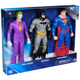 DC Comics official collectible trio on shelf for display.