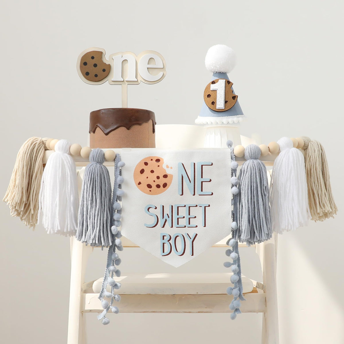 DCJHFJ Cookies high chair banner with fabric fringe adds playful birthday decor
