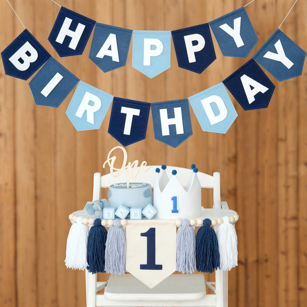 DCJHFJ felt navy blue birthday banner for first birthdays, reusable and easy to display