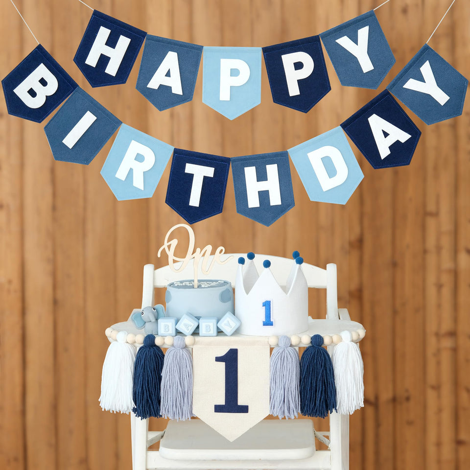 DCJHFJ felt navy blue birthday banner for first birthdays, reusable and easy to display