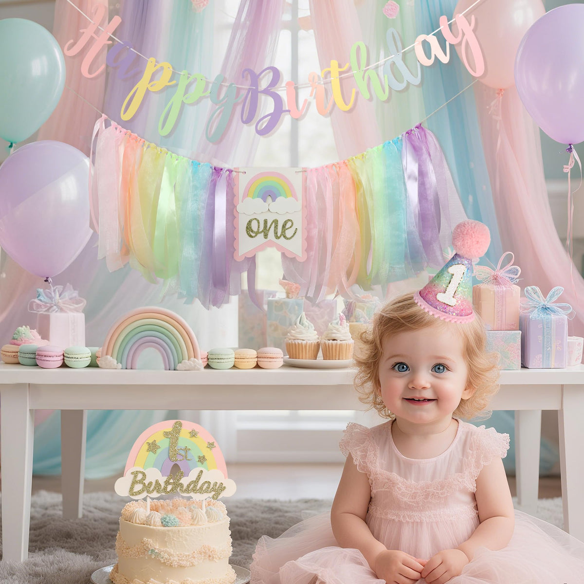 DCJHFJ Macaron Pastel Rainbow baby shower prop creates playful party vibes.