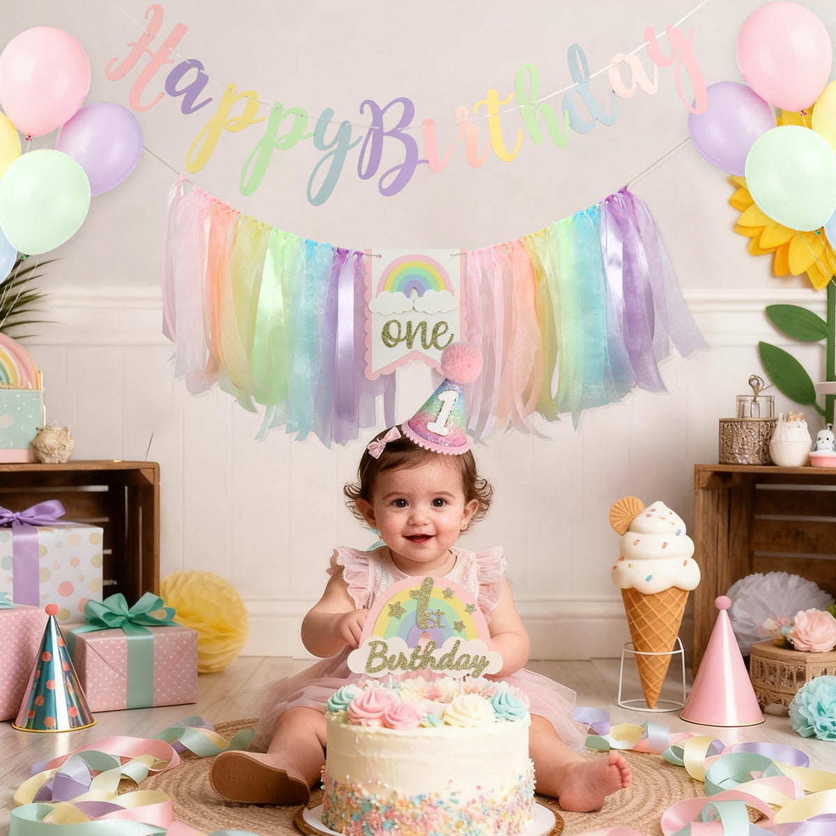 DCJHFJ Macaron Pastel Rainbow cake topper adds a cute focal point for celebrations.