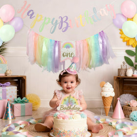 DCJHFJ Macaron Pastel Rainbow cake topper adds a cute focal point for celebrations.