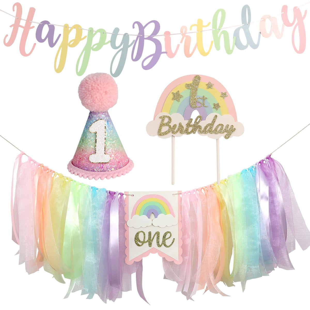 DCJHFJ Macaron Pastel Rainbow high chair banner enhances birthday decor and photo opportunities.