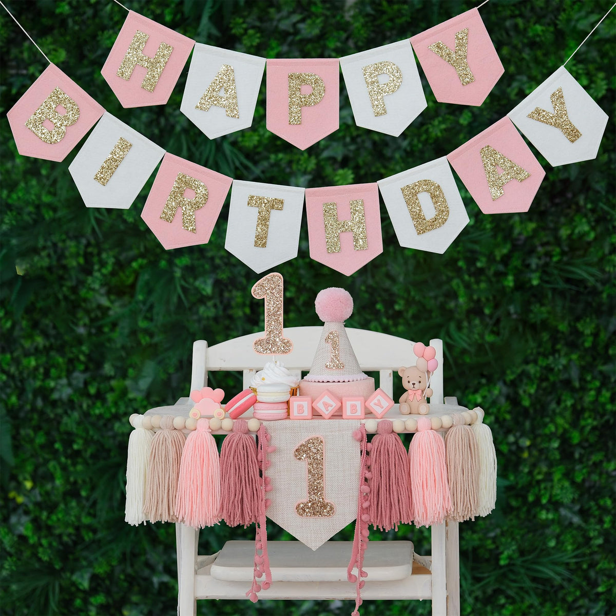 DCJHFJ pink felt happy birthday banner adds vibrant, reusable color to baby girl celebrations.