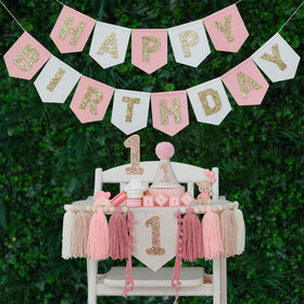 DCJHFJ pink felt happy birthday banner adds vibrant, reusable color to baby girl celebrations.