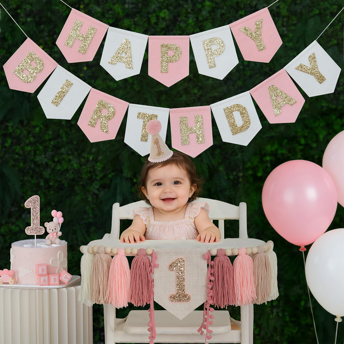 DCJHFJ pink felt highchair banner makes the chair a festive focal point.