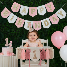 DCJHFJ pink felt highchair banner makes the chair a festive focal point.