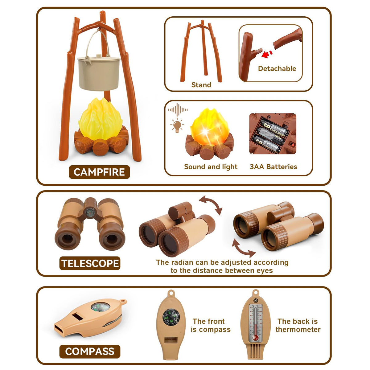 DCMAMA campfire toy with extendable stand lights up imaginary camp nights.