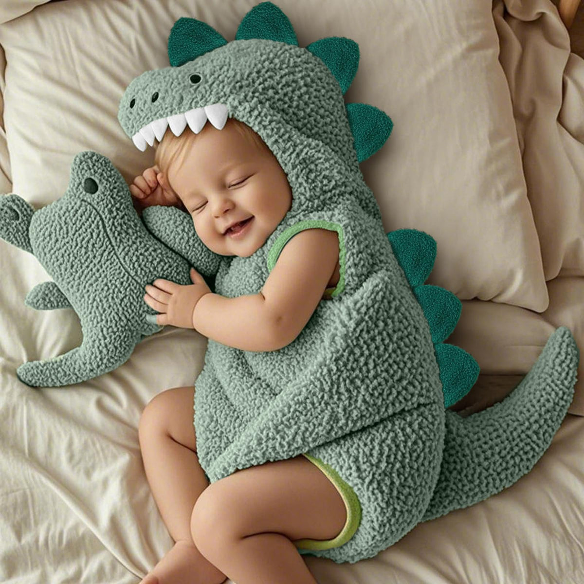 Dcohmch baby dinosaur romper with hat, easy to wear for infants.
