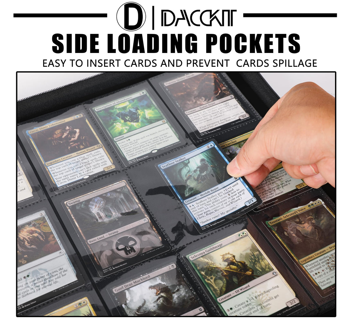 D DACCKIT 9.5x7 cm pockets fit sleeved or unsleeved cards.