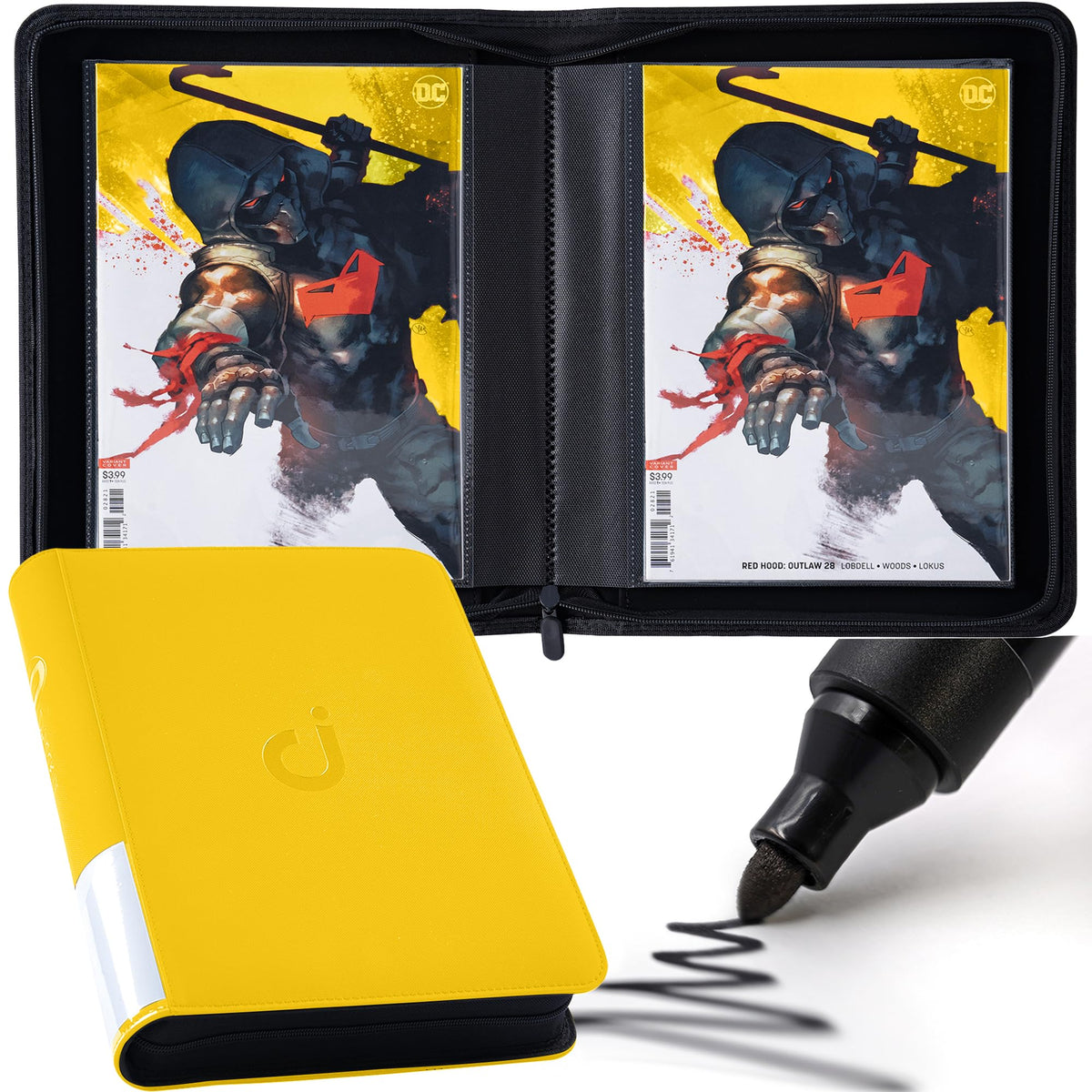D DACCKIT comic binder in golden yellow ready to display 24 comics.