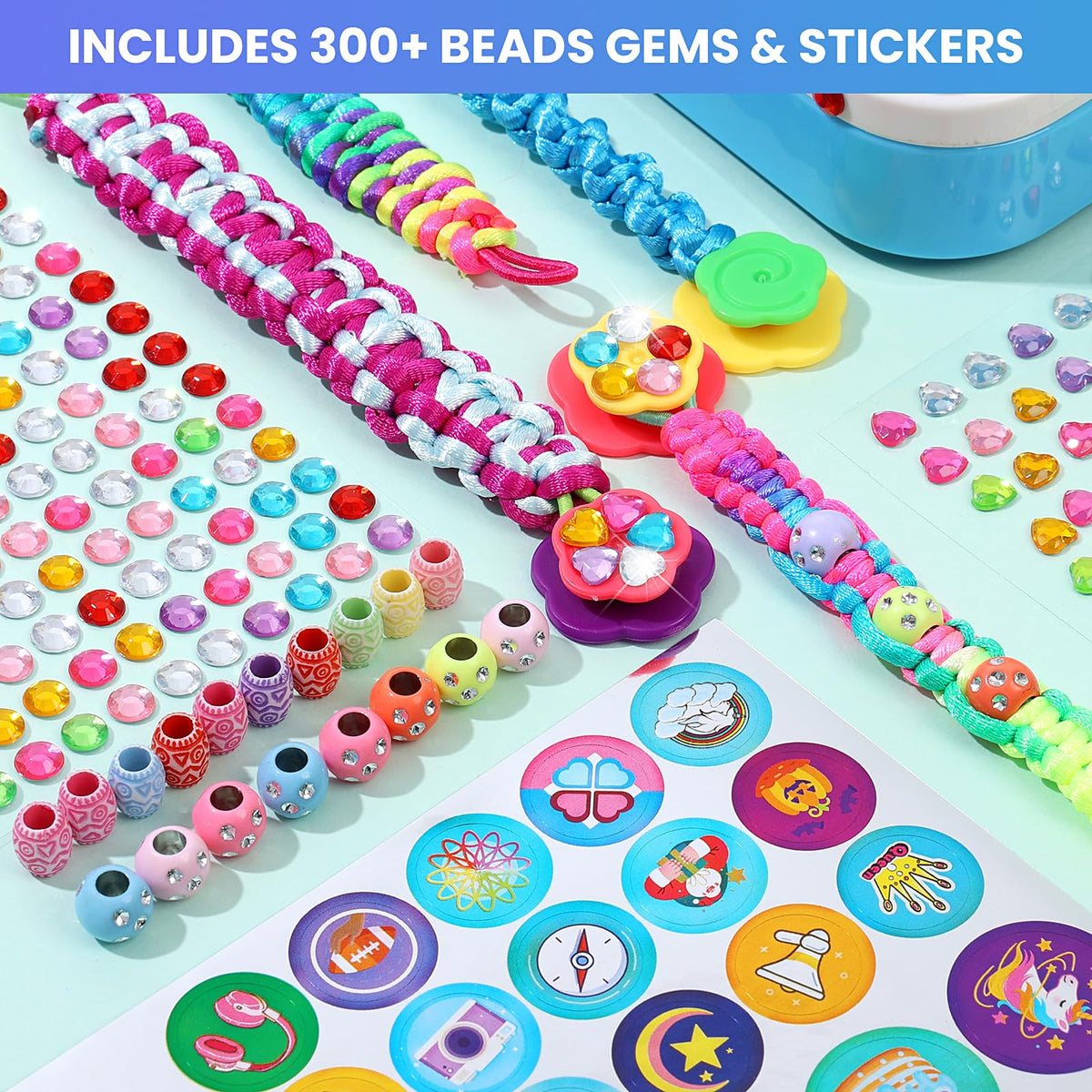 Kids weaving bracelets with DDAI colorful pieces and gems