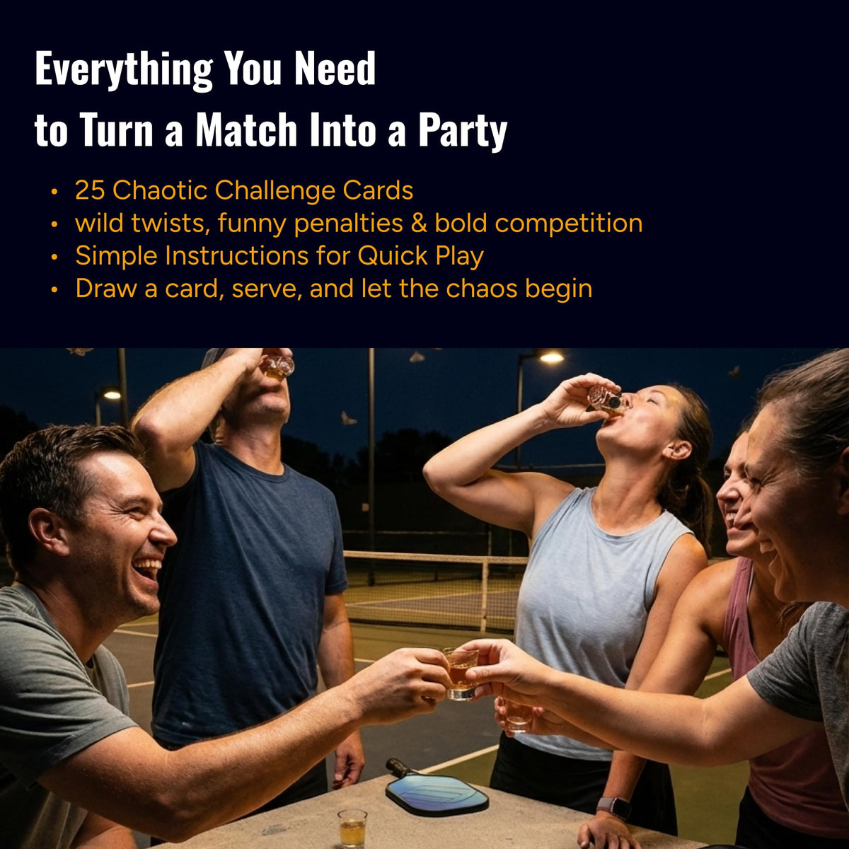 Deal and Dink 25-card deck showcased for a party-ready pickleball
