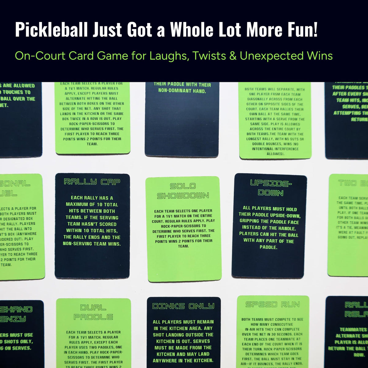 Deal and Dink draw challenge cards add twists to every rally.