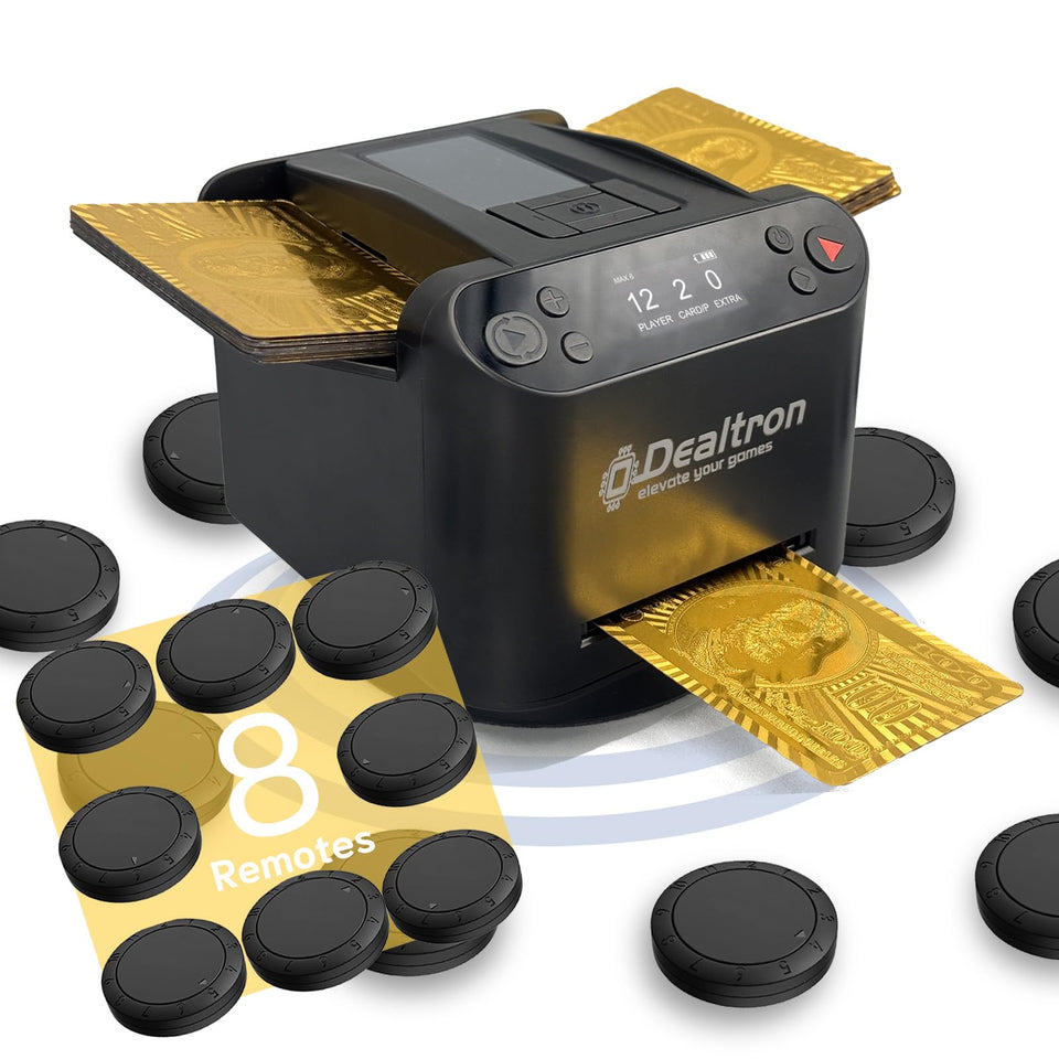 Dealtron Shadow Black all-in-one shuffler front view showing customizable dealer settings for fair play.