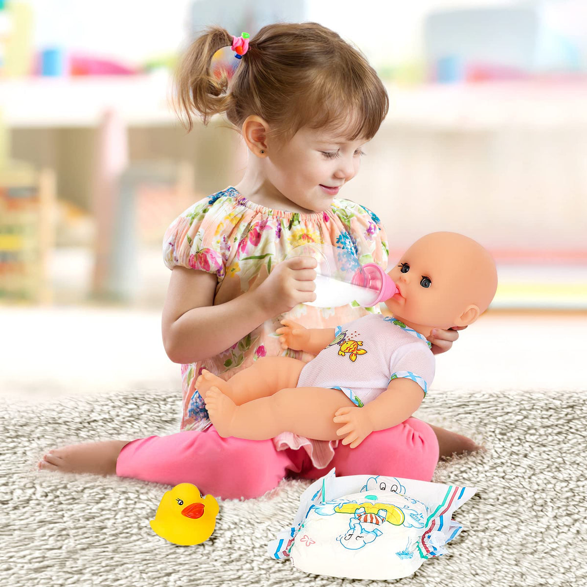 deAO 11-piece bath set with doll and accessories for imaginative bath play.