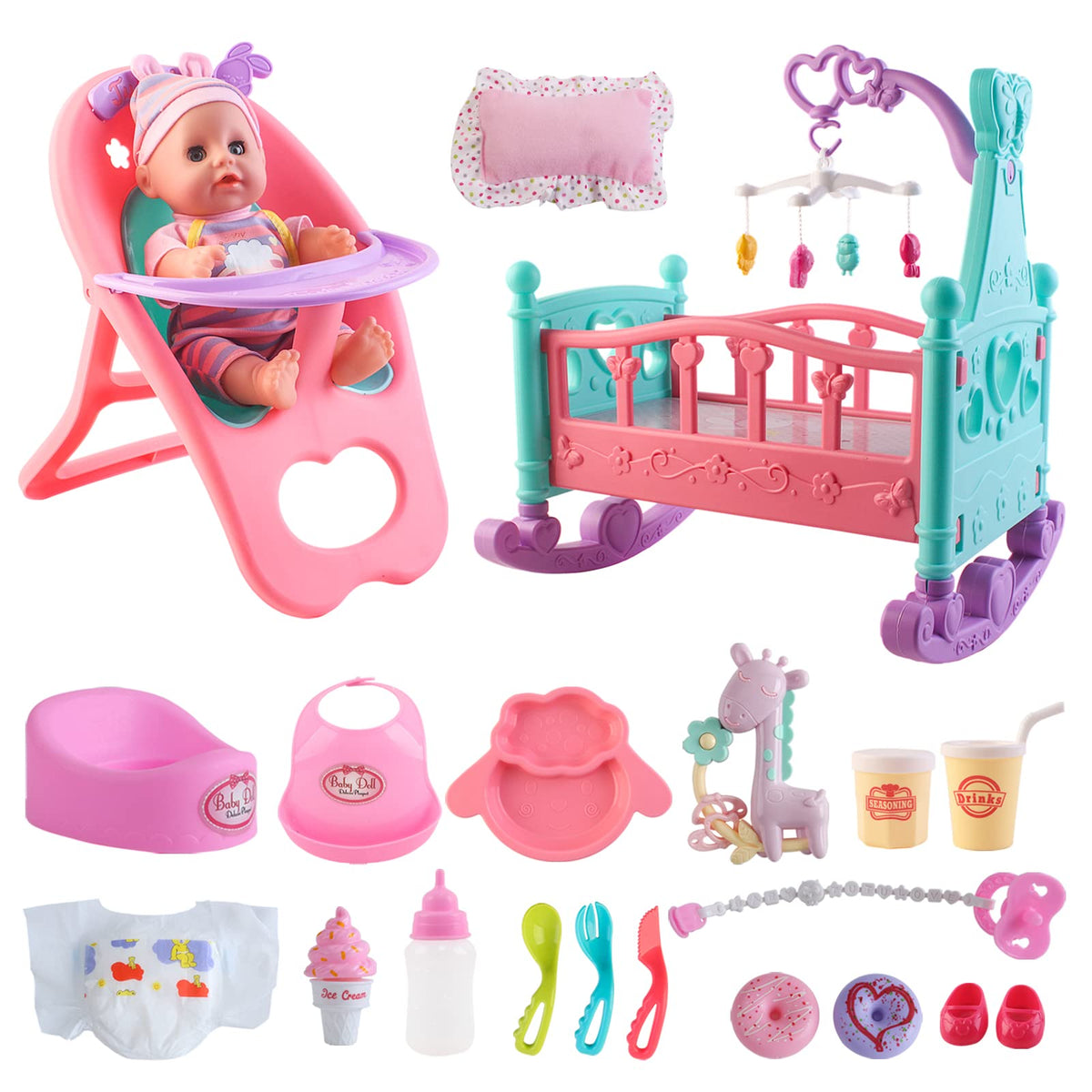 deAO 12-inch baby doll with crib image helps kids explore nurturing play and role-playing skills.