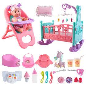 deAO 12-inch baby doll with crib image helps kids explore nurturing play and role-playing skills.