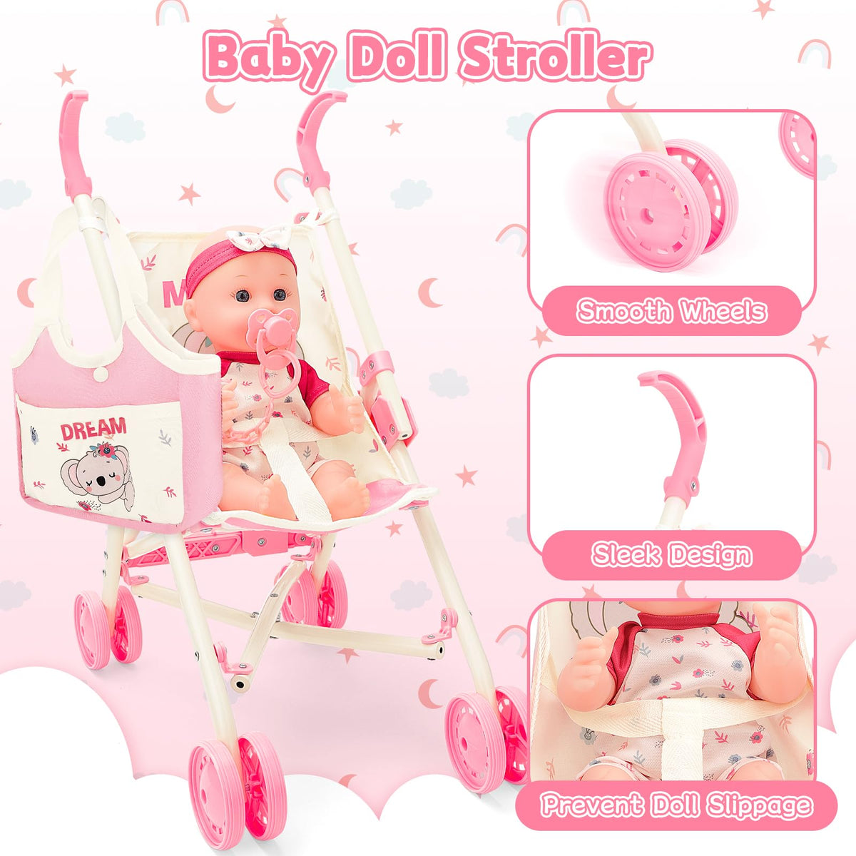 deAO 12-inch doll in stroller highlights portable playtime on the go