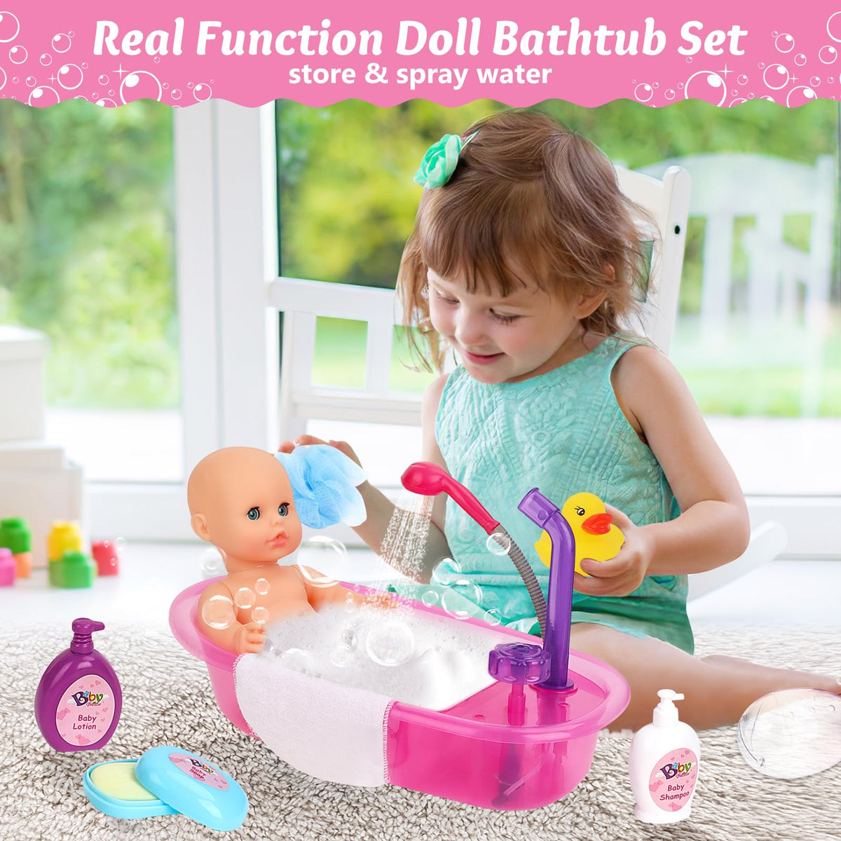 deAO 13-inch baby doll ready for bath in a sturdy tub.