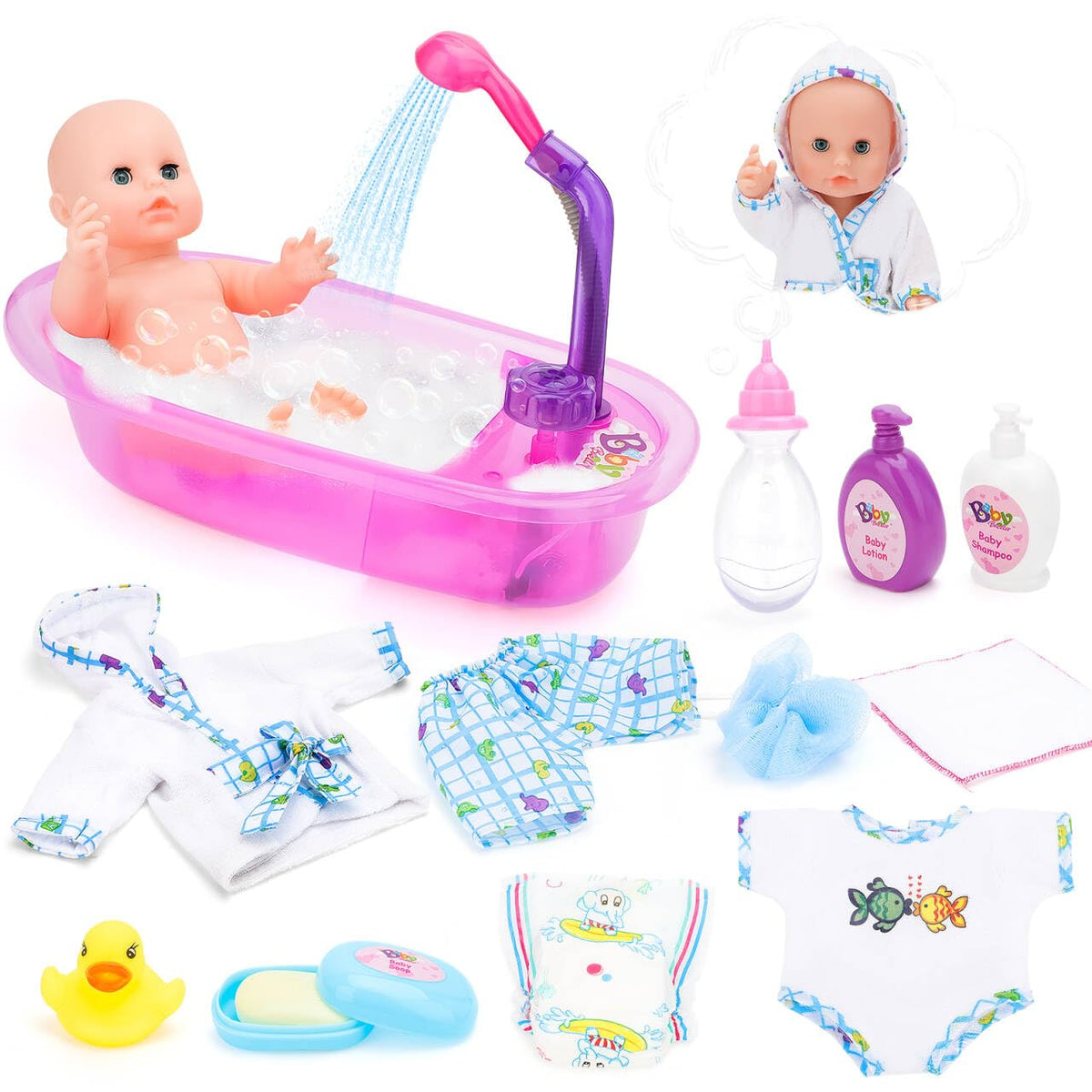 deAO 13-inch baby doll with bath tub and shower spray for imaginative bath play