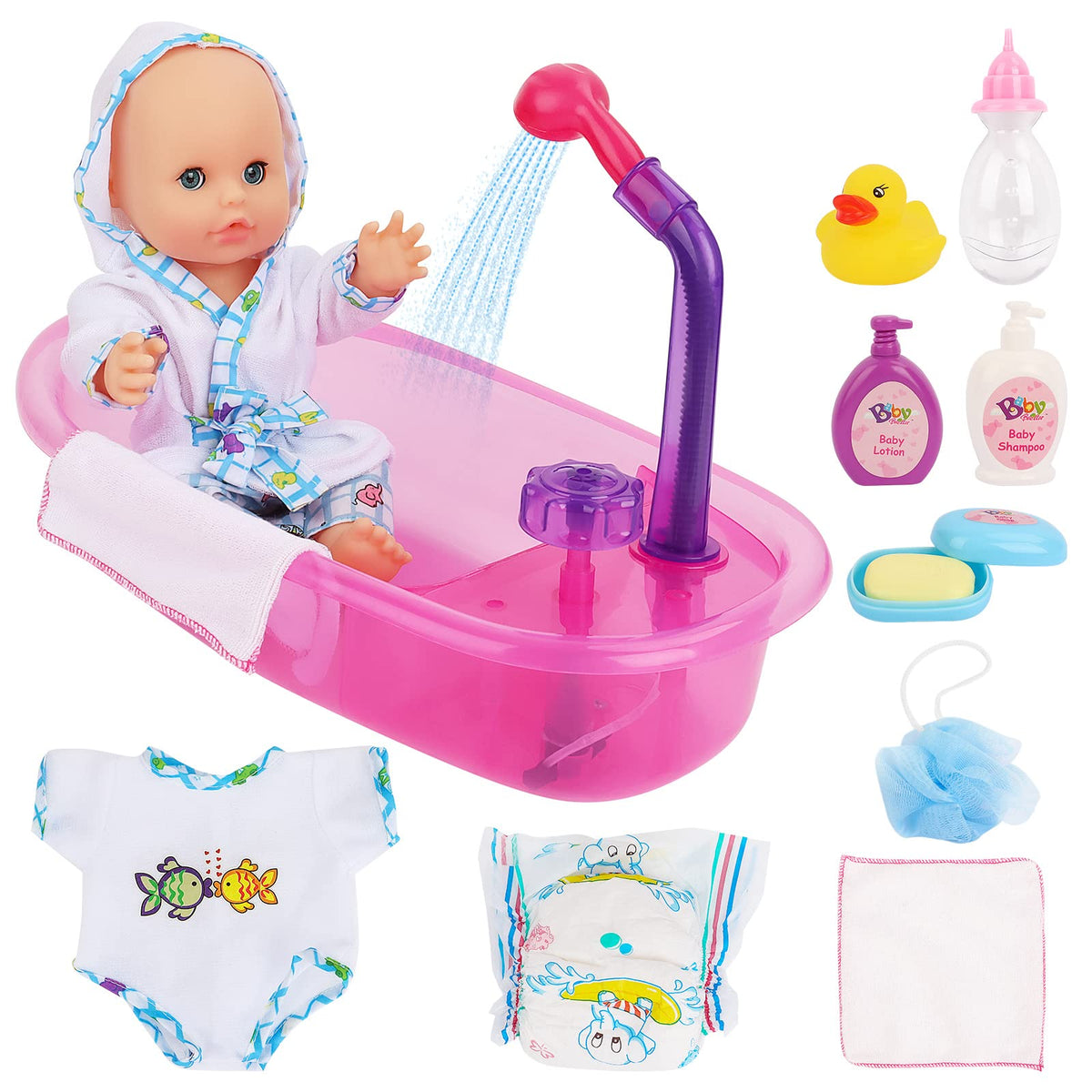 deAO baby doll bath tub with detachable shower spray for realistic bath play.
